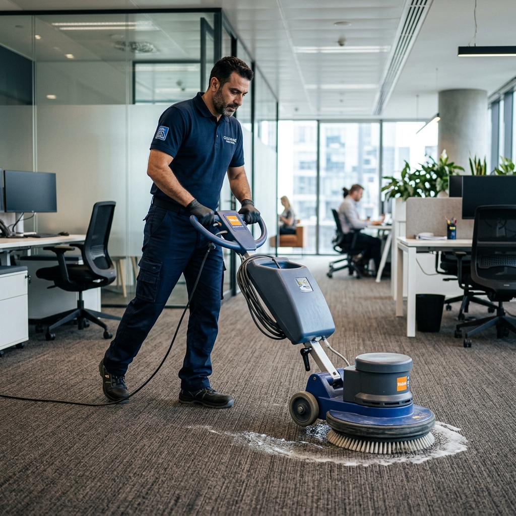 Operario usando máquina rotativa Taski Ergodisc para limpieza profunda de alfombras